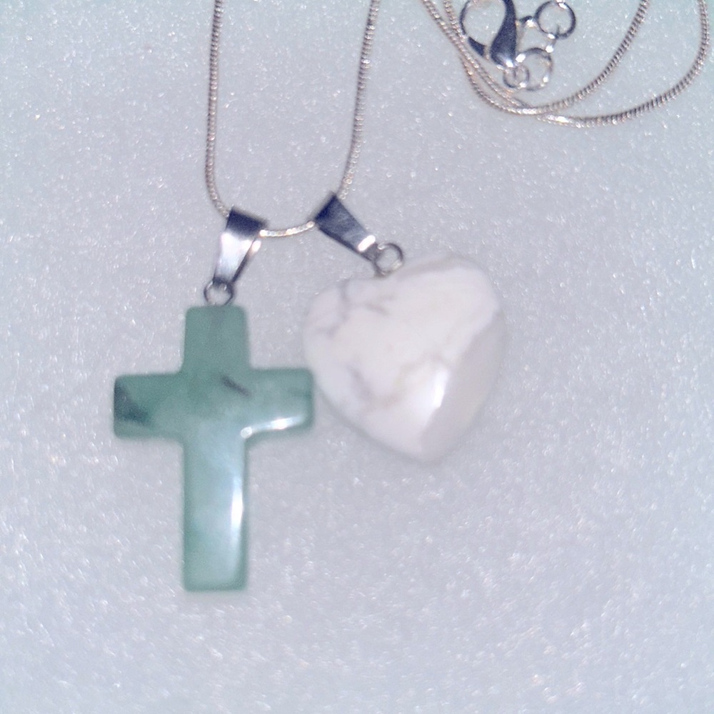 Boho hippie Howlite Crystal Heart & Jade Cross Sterling Silver 24” Necklace